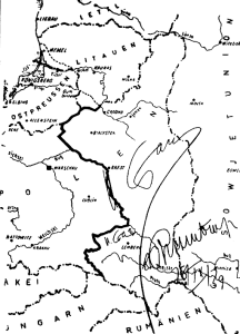 Karte der Neuordnung Osteuropas vom 28. September 1939, handschriftlich signiert von Stalin und Reichsaußenminister Ribbentrop